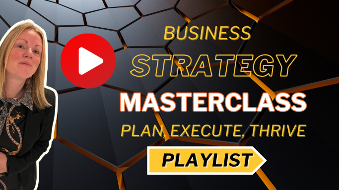 Business strategy masterclass promotional graphic with play button and playlist title.