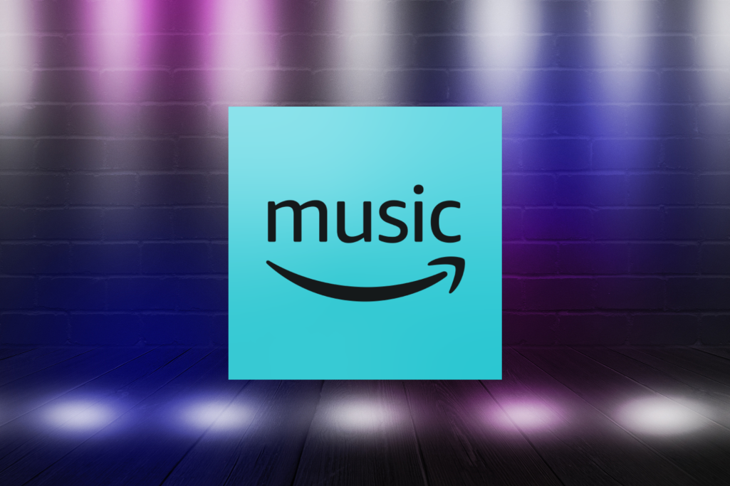 Amazon Music logo on a blue background with colourful gradient lights.