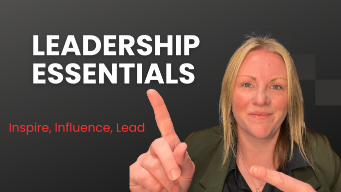 Woman gesturing while presenting "Leadership Essentials" on a dark background.