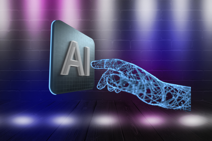 A digital hand reaching towards an AI button against a vibrant, lit background.