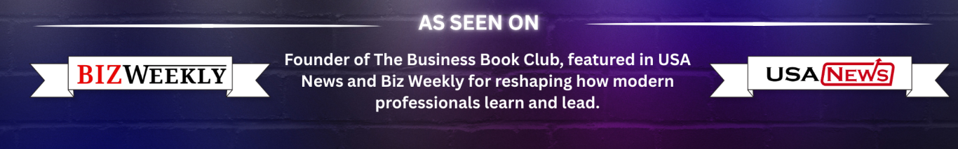 As seen on Biz Weekly and USA News — Hannah Hally, founder of The Business Book Club Media coverage banner featuring Biz Weekly and USA News highlighting Hannah Hally, founder of The Business Book Club